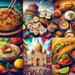 Collage de cocina internacional que muestra Spaghetti Carbonara italiano, Sushi Maki japonés, Tacos al Pastor mexicanos y Chicken Tikka Masala indio, cada plato en un entorno cultural distintivo.